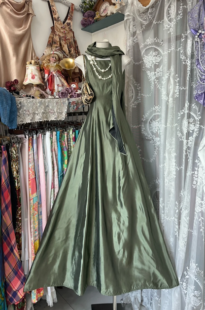 Unique Green Satin A Line Long Party Dress Formal Prom Dress Y9469