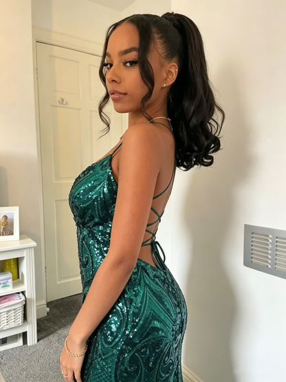 Dark Green V Neck Glitter Mermaid Long Prom Dress Party Dress Y5976