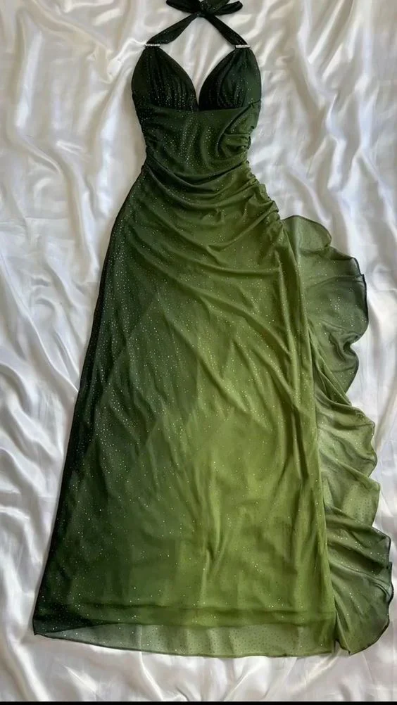 green chiffon halter dress KissProm