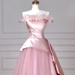 Elegant Feathers Neck Strapless Tulle Satin Ball Gown,Pink A Line Prom Evening Dress Y8629