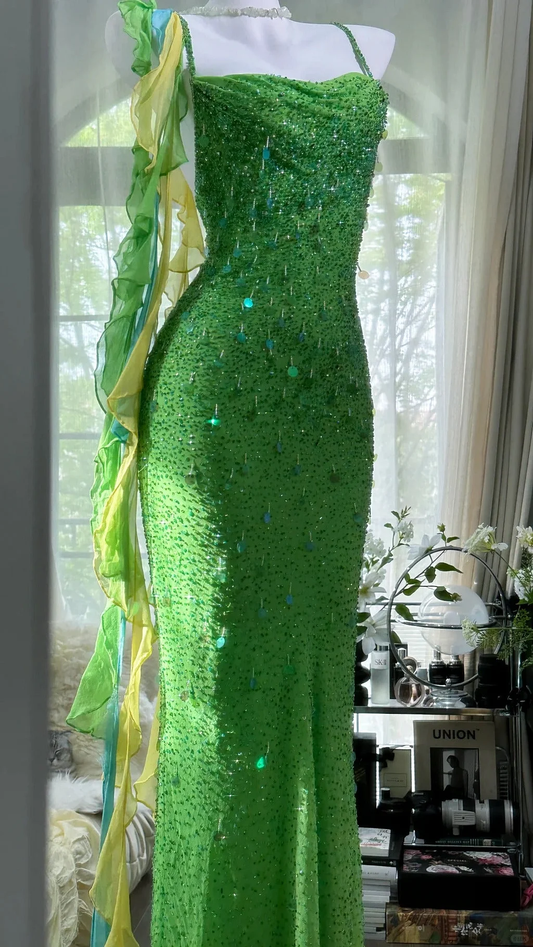 Gorgeous Spaghetti Straps Green Chiffon Sequins Evening Dress Backless Beaded Party Dress Y8708