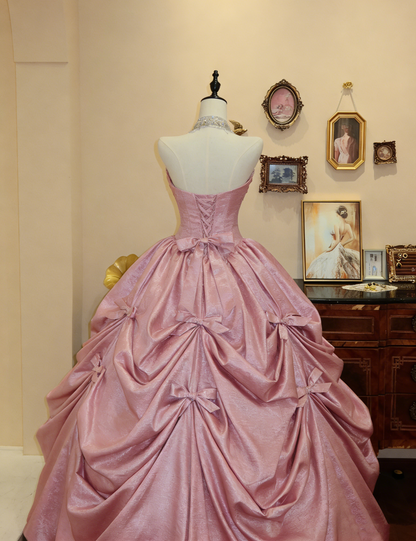 Charming Strapless Ball Gown Pink Satin Beaded Pleated Birthday Quinceanera Dress With Bow SP1877