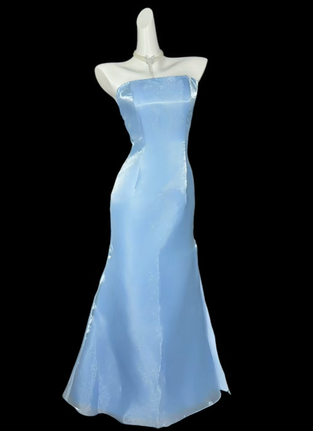 Simple Blue Strapless Satin Tulle Mermaid Party Dress Long Birthday Prom Dresses SP3530