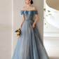 Blue Sweetheart Off Shoulder Tulle Long Prom Dress, Blue Formal Dress Y4255