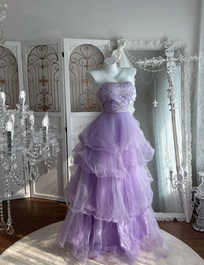 Classy Strapless Lavender Sequin Tulle Layered Long Wedding Guest Dress ,Long Birthday Party Dress SP1453