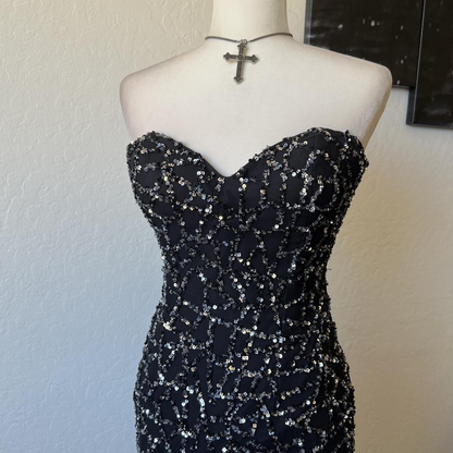 Vintage Strapless Black Sequin Sheath Cocktail Dress Short Homecoming Dress SP59