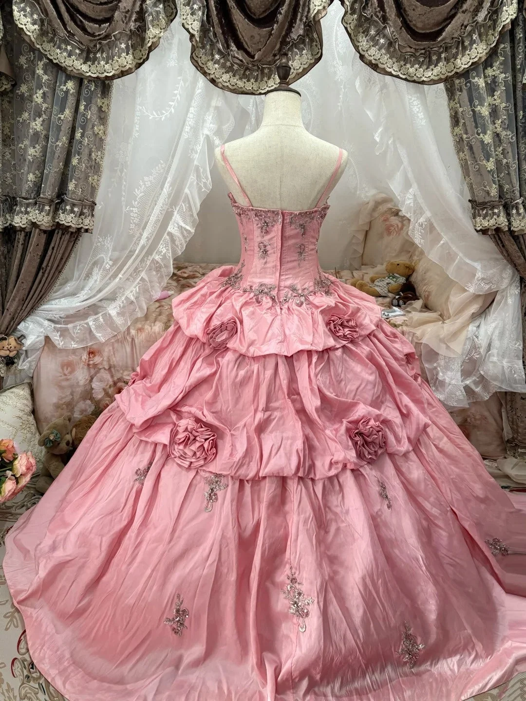 Charming Ball Gown Pink Spaghetti Straps Embroidered Satin Pleated Quinceanera Dress Sweet 16 Dress SP3832