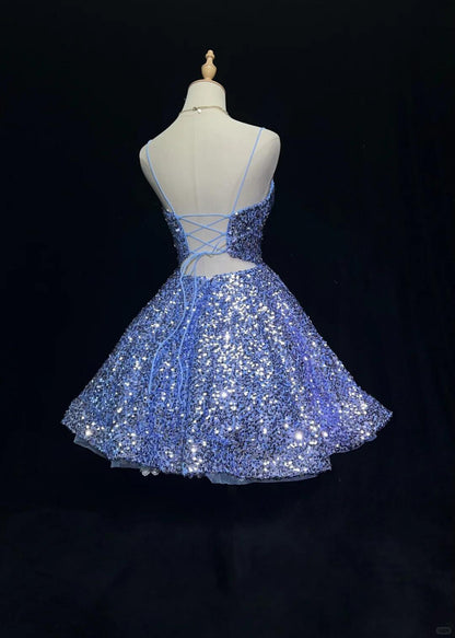Glitter Blue Sequin A Line Short Homecoming Dress,Spaghetti Straps Mini Birthday Dress SP2918