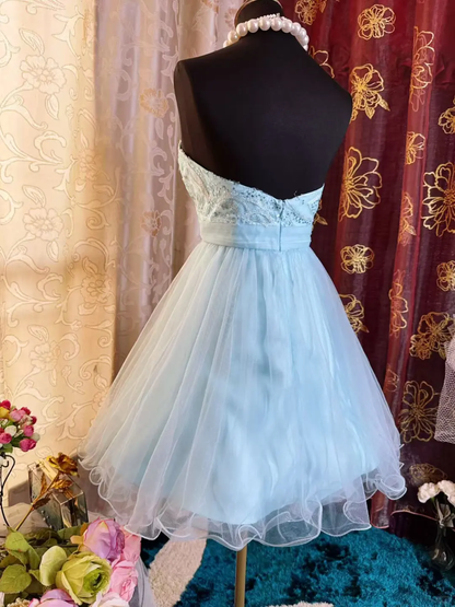 Elegant Strapless Blue Tulle Sequin Appliques A Line Short Homecoming Dress 19th Birthday Outfits SP80