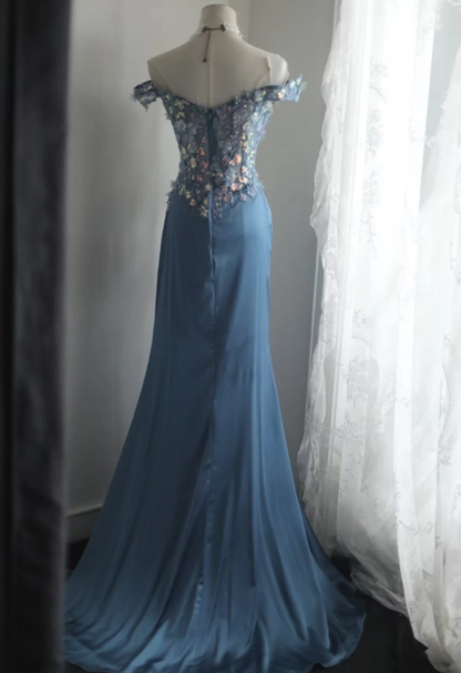 Elegant Blue Off The Shoulder Satin Sequin Appliques Mermaid Evening Dress Silt Long Wedding Guest Dress SP1211