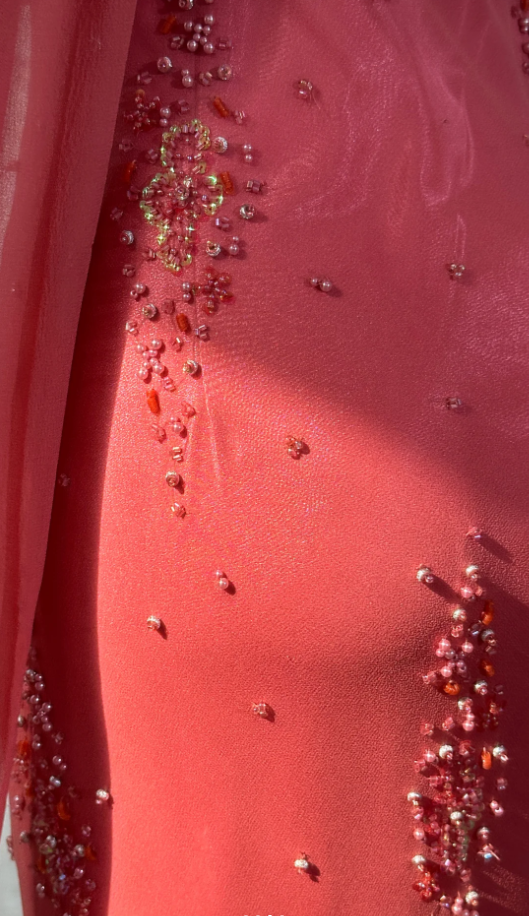 Pretty Peach Pink Spaghetti Straps Chiffon Lace Beaded Mermaid Long Party Dress Prom Gown SP1876