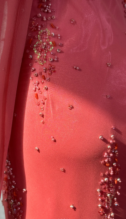 Pretty Peach Pink Spaghetti Straps Chiffon Lace Beaded Mermaid Long Party Dress Prom Gown SP1876