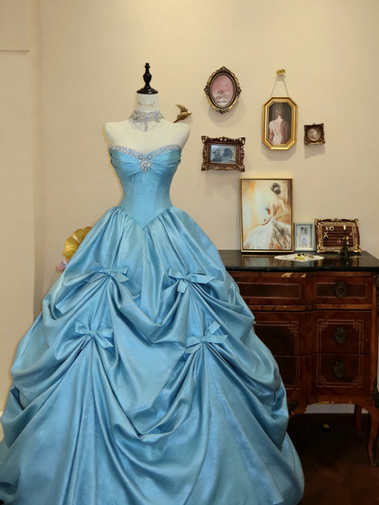 Charming Strapless Ball Gown Pink Satin Beaded Pleated Birthday Quinceanera Dress With Bow SP1877