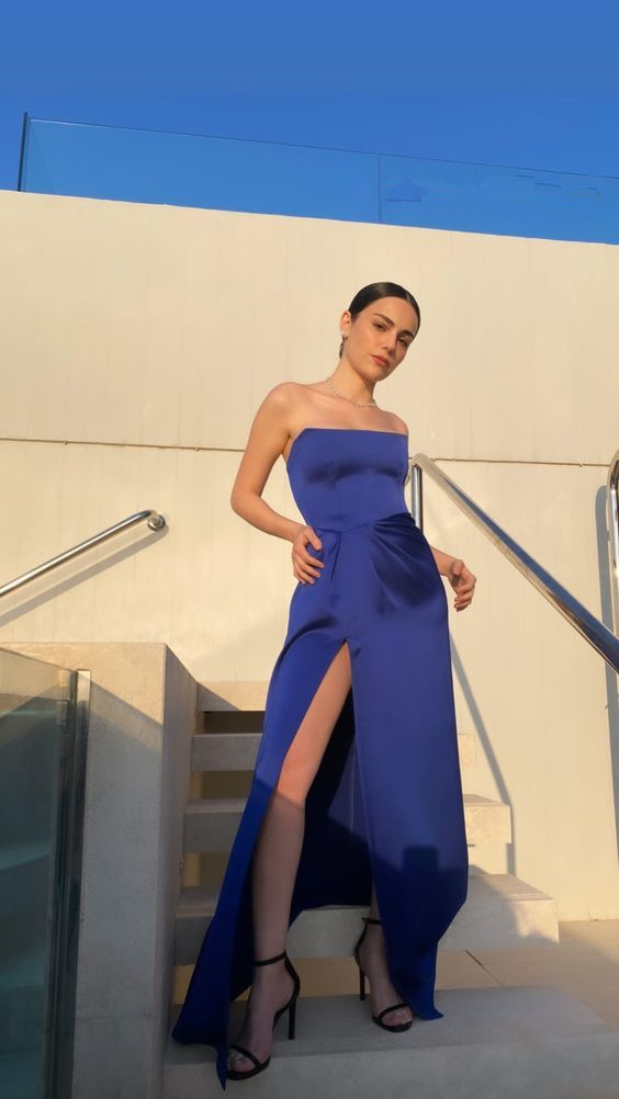 Sexy Strapless Royal Blue Slit Prom Dress Long Evening Dress  Y7642