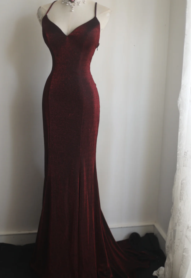 Elegant Spaghetti Straps Burgundy V Neck Satin Pleated Mermaid Long Wedding Guest Dress Evening Dress SP1208