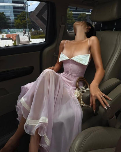 Classy Spaghetti Straps Lilac Chiffon Slit Mermaid Long Party Dress Evening Gown SP2687