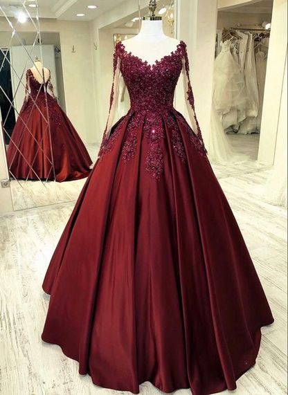 Purple Satin Long Sleeves Prom Dress Formal Dress, Lace Applique Sweet 16 Dress Y1843
