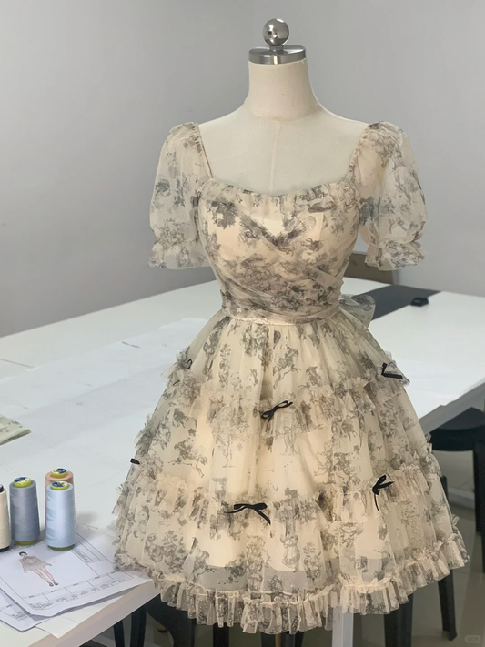 Vintage Chiffon Print Floral Ruffle A Line Short Birthday Outfits Formal 8th Grade Homecoming Dress Y9403