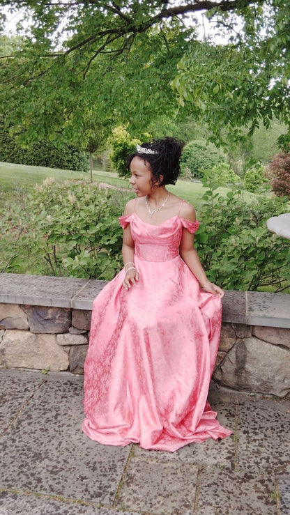 Pretty Off The Shoulder Satin Print Floral Long Party Dress Pink Long Birthday Prom Dress SP4029