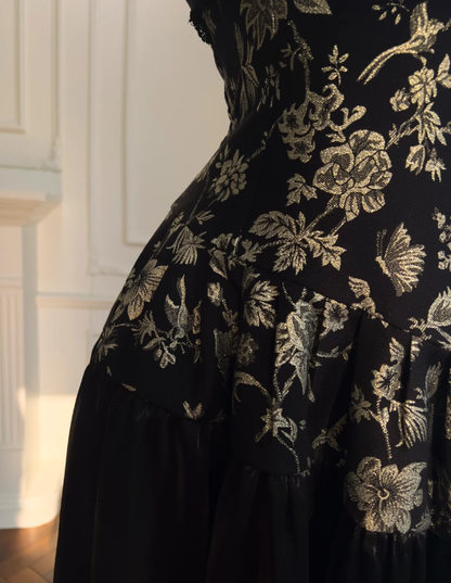 Elegant Black Halter Satin Print Floral Sequins Evening Dress,Long ALine Prom Dress Y8568