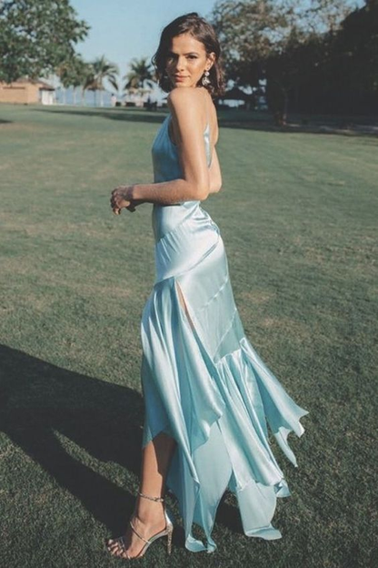 Simple Spaghetti Straps Blue Satin Mermaid Wedding Guest Dress Long Party Dress SP811