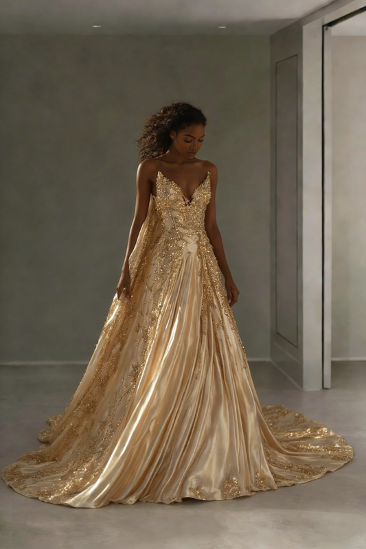 Gorgeous Gold Spaghetti Straps V Neck Satin Beaded Long Evening Dress Party Gown SP1734