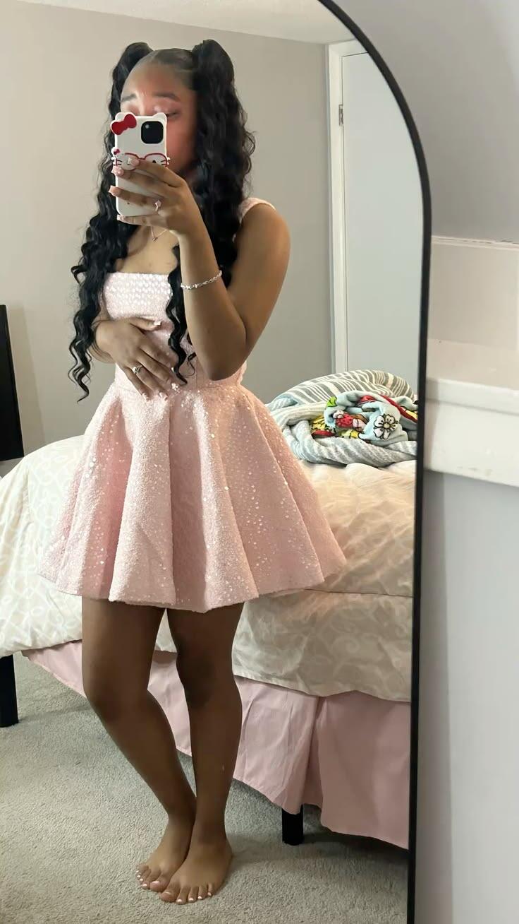 Charming Pink Sequin A Line Short 6th Grade Homecoming Dress Birthday Outfits SP2506