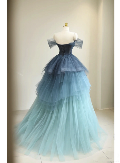 Stunning Ball Gown Gradite Tulle Puffy Sweetheart Short Sleeves Blue Ruffles Pleated Long Prom Dresses Sweet 16 Dresses Y6786