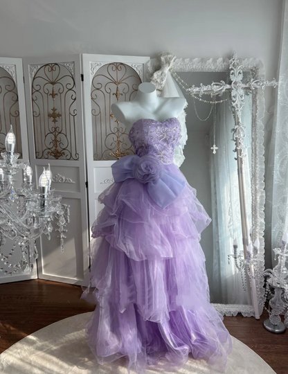 Classy Strapless Lavender Sequin Tulle Layered Long Wedding Guest Dress ,Long Birthday Party Dress SP1453
