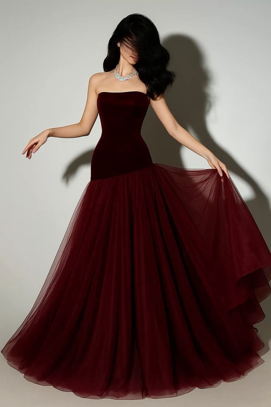 Elegant Strapless Mermaid Burgundy Tulle Long Prom Dress 20th Birthday Party Dress SP1671