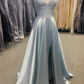 Light Blue Lace Lace-Up Back A-Line Prom Dress with Slit Y4655