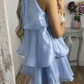 Simple Blue Organza Halter Layered Mini Prom Dress Homecoming Dress Y8089