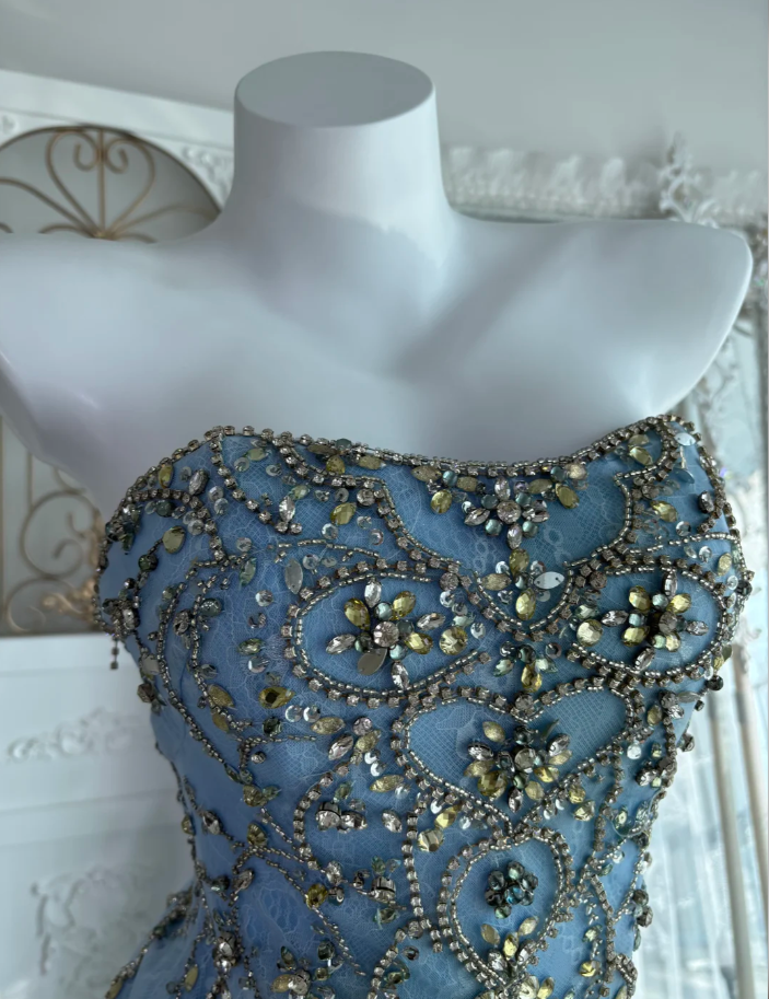 Gorgeous Blue Strapless Tulle Beaded Mermaid Long Party Dress Prom Dress, Formal Wedding Guest Dress SP1456