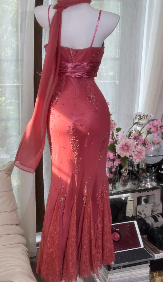 Pretty Peach Pink Spaghetti Straps Chiffon Lace Beaded Mermaid Long Party Dress Prom Gown SP1876