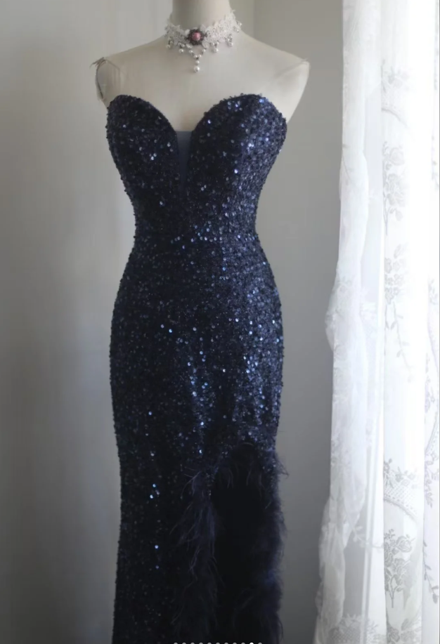 Elegant Strapless Navy Blue Sequin Feathers Slit Mermaid Evening Dress Long Birthday Prom Gown SP1172