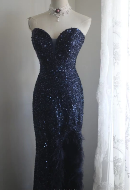 Elegant Strapless Navy Blue Sequin Feathers Slit Mermaid Evening Dress Long Birthday Prom Gown SP1172