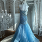 Gorgeous Blue Strapless Tulle Beaded Mermaid Long Party Dress Prom Dress, Formal Wedding Guest Dress SP1456