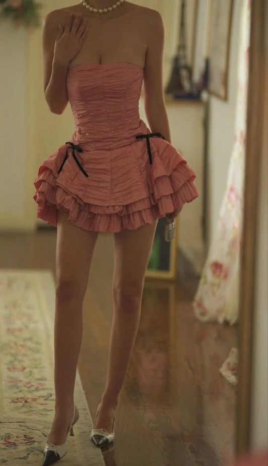 Vintage Pink Strapless Satin Pleated A Line Homecoming Dress Cocktail Dress Y8863