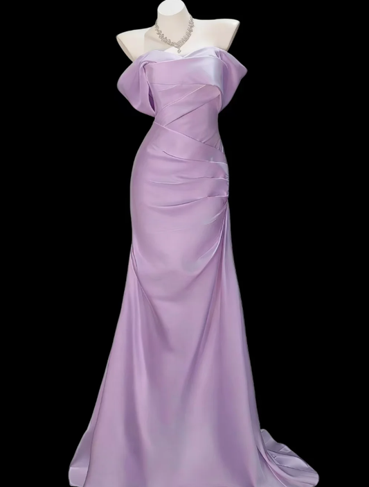 Pretty Lavender Off The Shoulder Satin Pleated Mermaid Long Party Dress Formal Wedding Guest Dress SP1935