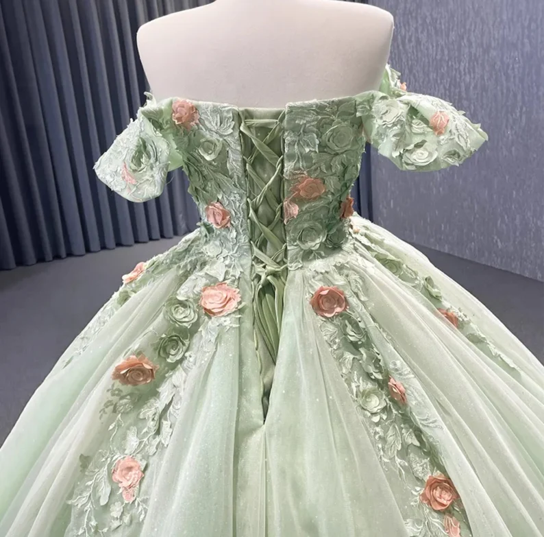 Matcha Green Off The Shoulder Floral Appliqus Shimmering Lace Up Back Simplepromdress Matcha Green Off The Shoulder Floral Appliqus Shimmering Lace Up Back Simplepromdress