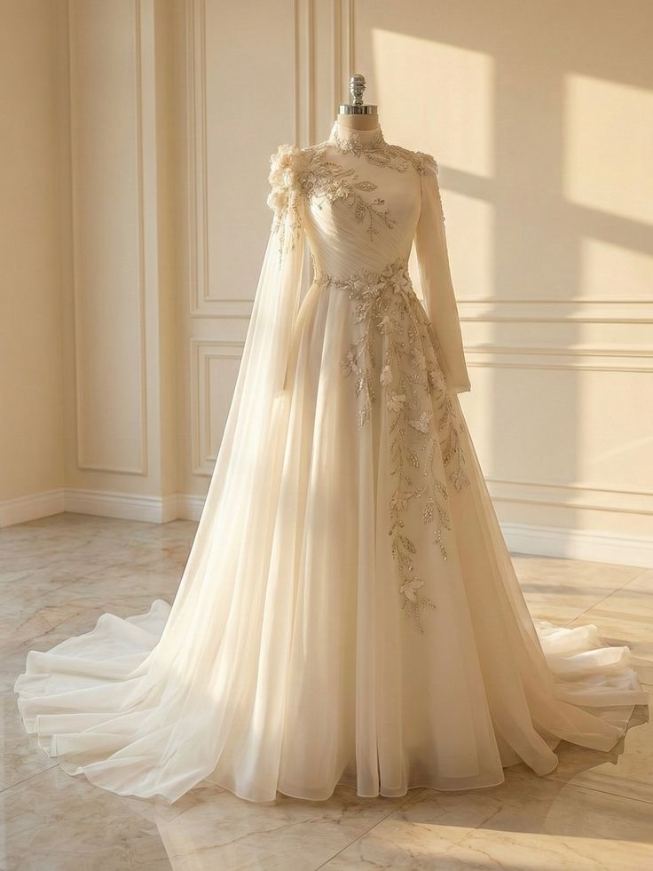 Charming White Tulle Beaded Appliques Long Wedding Dress SP1313