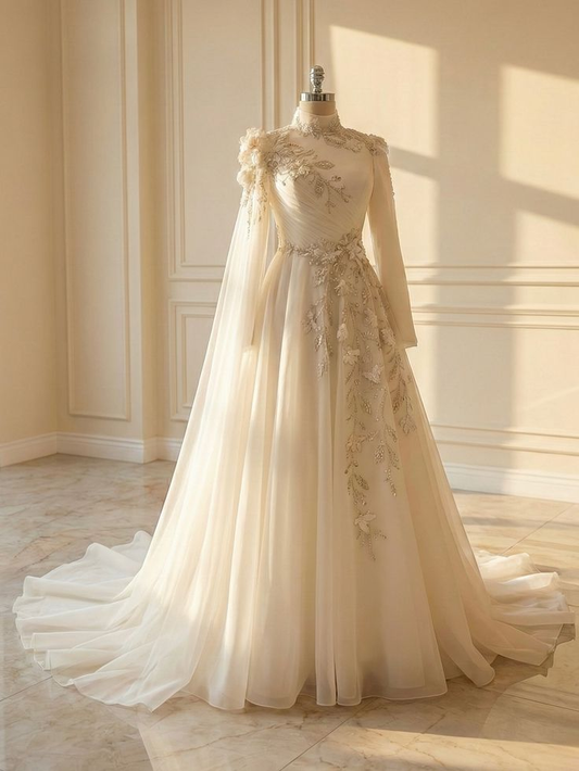 Charming White Tulle Beaded Appliques Long Wedding Dress SP1313