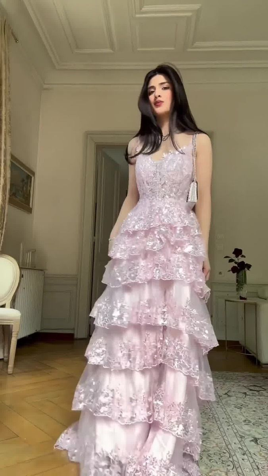 Pretty Pink Spaghetti Straps Tulle Lace Appliques Layered long Birthday Prom Dress Evening Dress SP1058