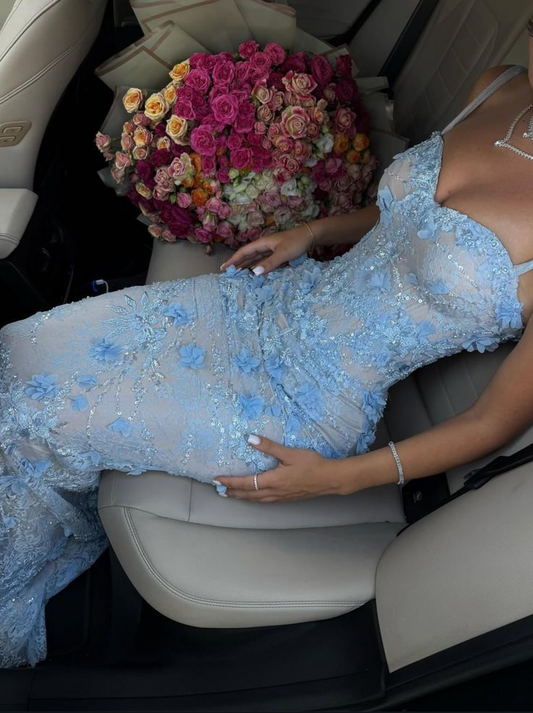 Charming Spaghetti Straps Blue Lace Appliques Long Prom Dress Formal Evening Gown SP265