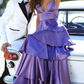 Elegant A-line Spaghetti Straps Satin Tiered Evening Dress Y728