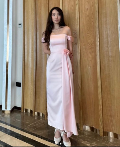 Sweet Pink Off The Shoulder Satin Long Bridesmaid Dress Birthday Outfits  SP762