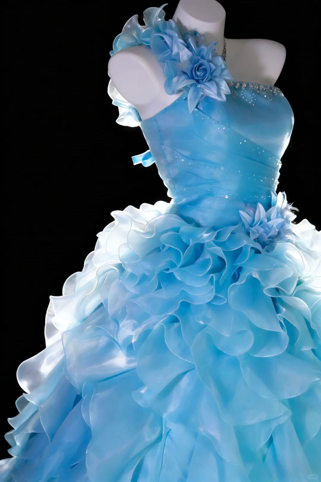 Charming Ball Gown One Shoulder Blue Beaded Tulle Ruffles Birthday Party Dress Prom Dress SP2032