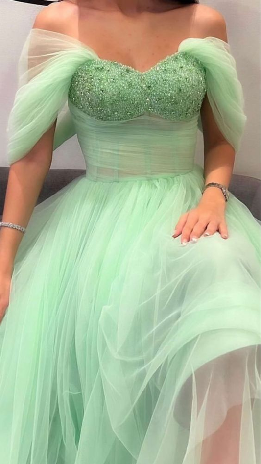 A-Line Mint Green Beaded Tulle Long Prom Dress Y6556