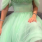 A-Line Mint Green Beaded Tulle Long Prom Dress Y6556