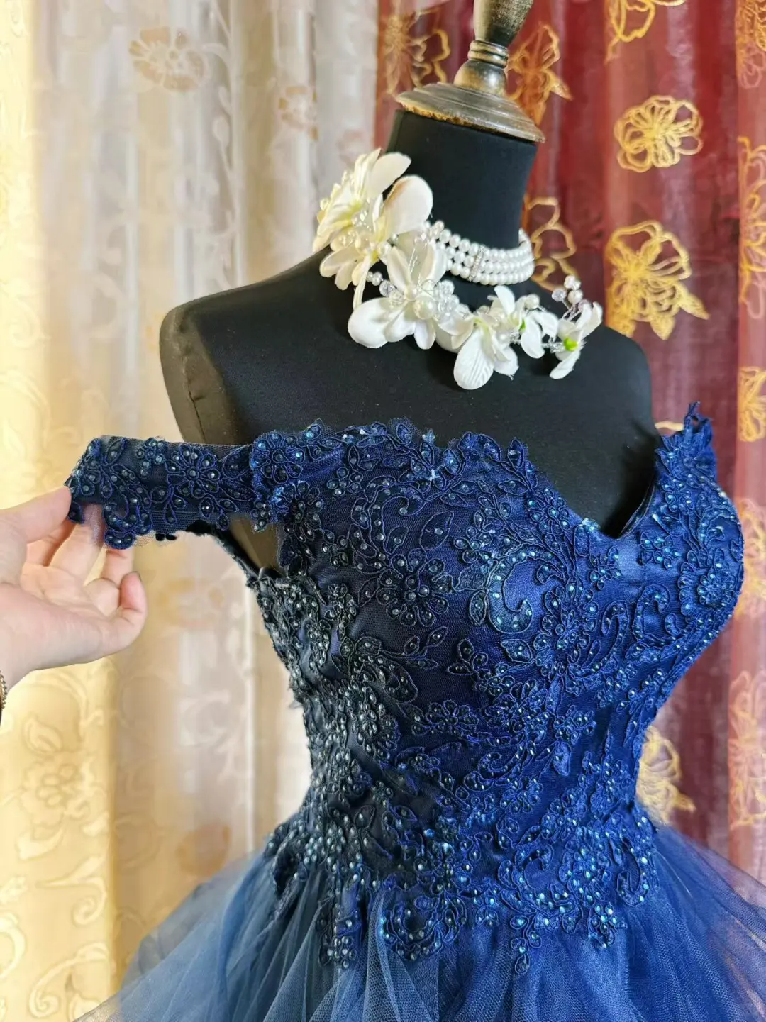 Vintage Off The Shoulder Navy Blue Tulle Appliques Short Homecoming Dress Birthday Outfits SP79